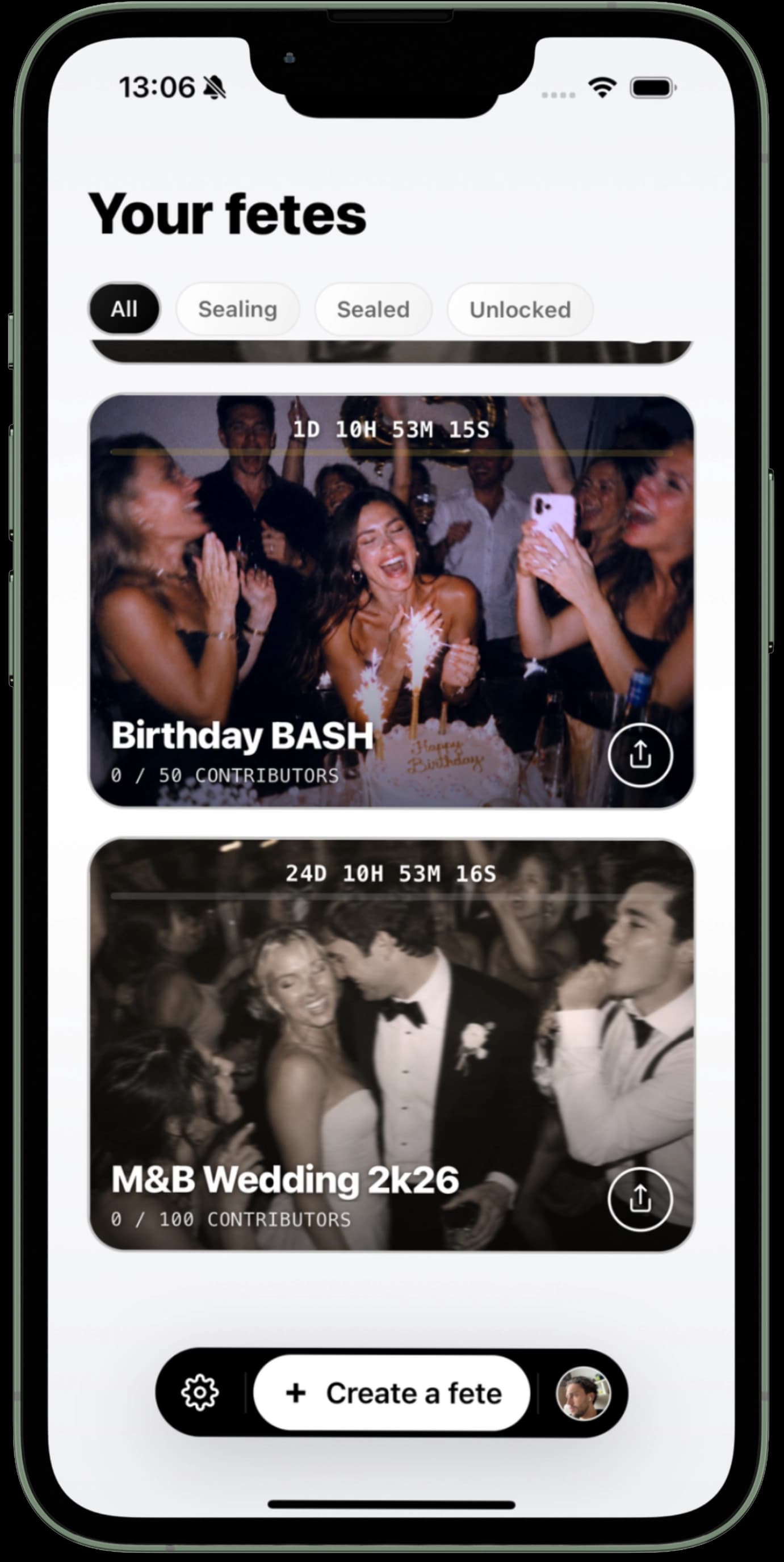 FETE app showing sealed fetes on an iPhone